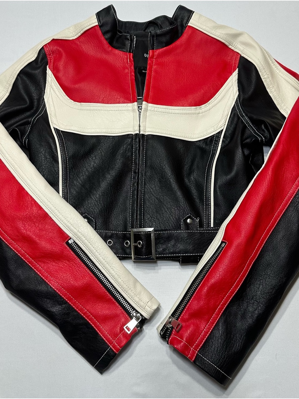 Urban Outfitters Red, Black & Cream Colorblock Leather Jacket